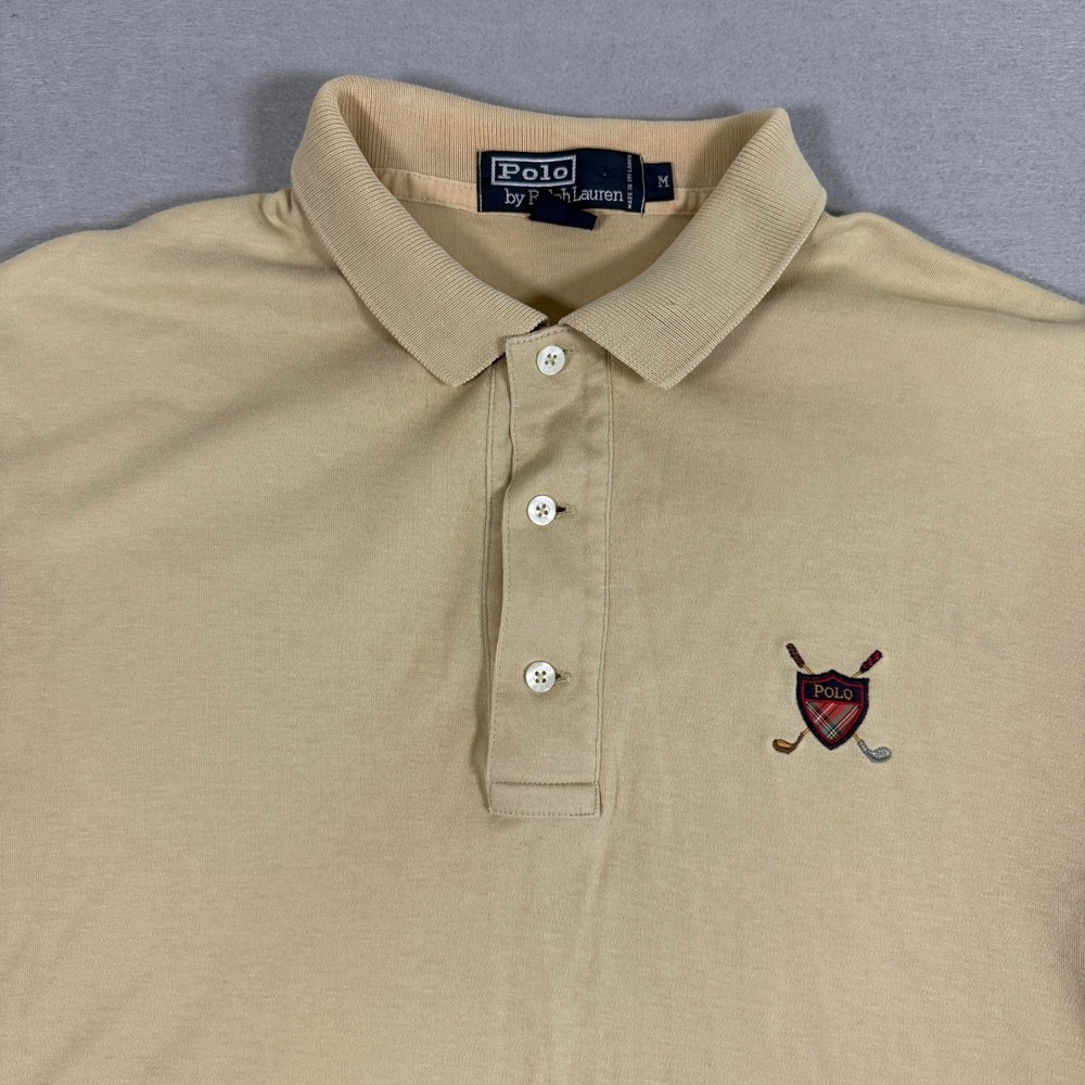 Vintage Polo Ralph Lauren Mens Polo Shirt M Tan Cotton Crest Logo Short Sleeve - Picture 3 of 13